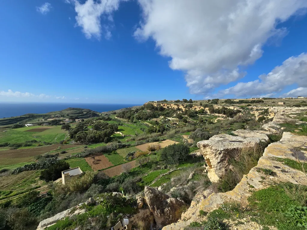 Terraced fields and valleys in the Maltese countryside below Mdina
